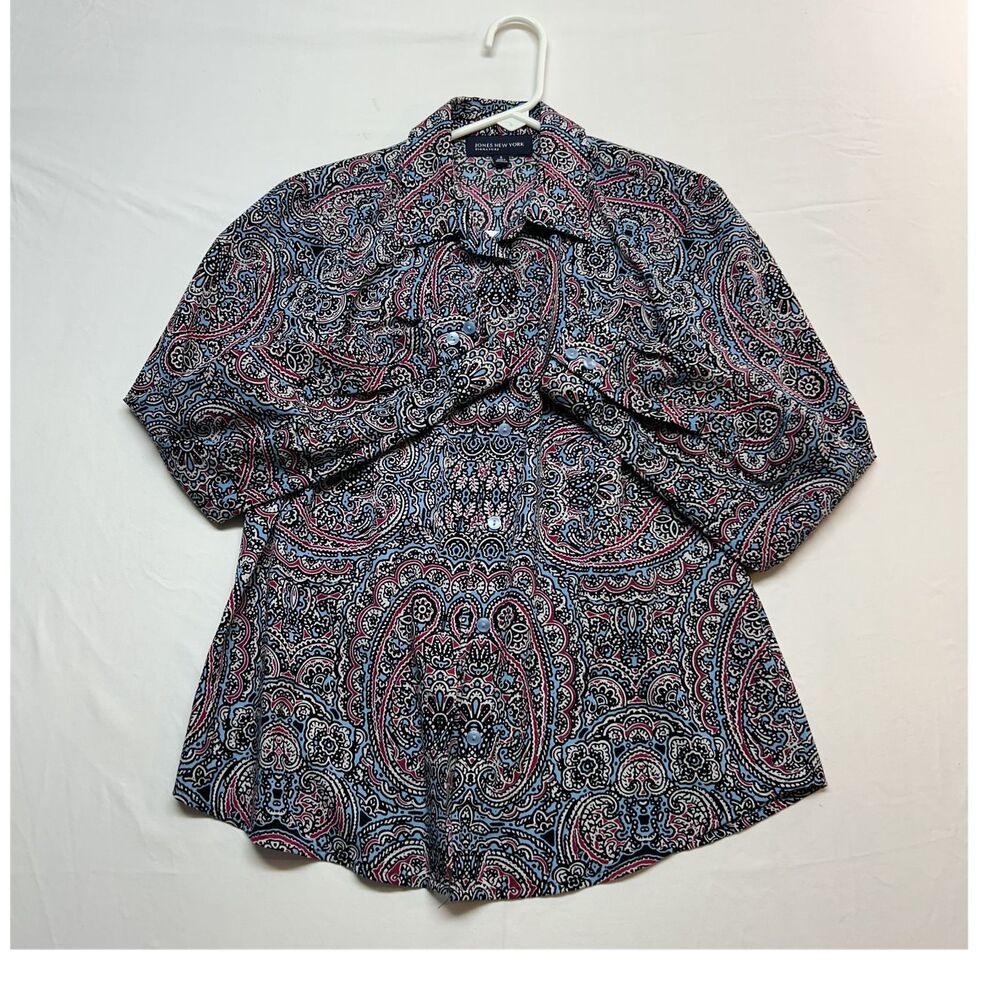 Jones New York Paisley Boho Blouse 3/4 Sleeve Button  Top Sz S